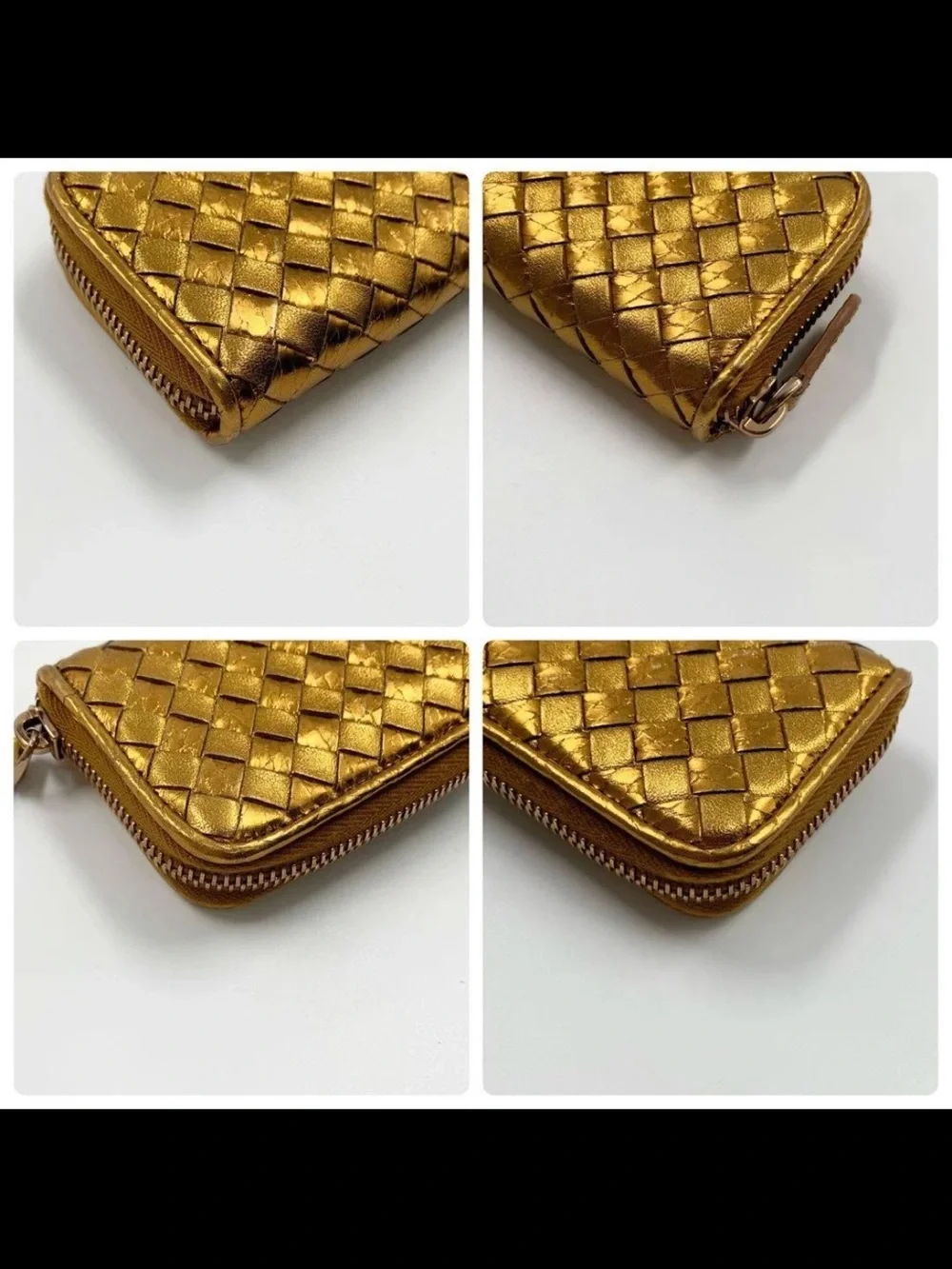 Bottega Veneta Gold Intrecciato Zip Card Wallet